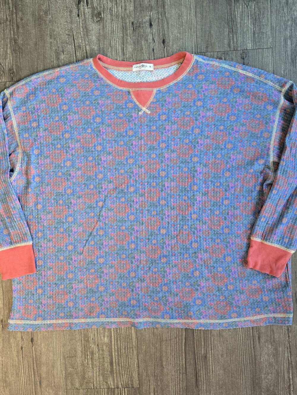 Vintage-Inspired Coral & Blue Floral Knit Sweater
